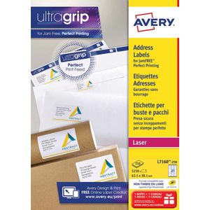 Avery L7160, Adresetiketten, Laser, Ultragrip, wit, 250 vellen, 21 per vel, 63,5 x 38,1 mm