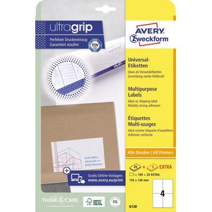 Avery Zweckform 6120, Universele etiketten, Ultragrip, wit, 25 5 vel,  4 per vel, 105 x 148 mm