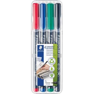 Staedtler Lumocoler 313, OHP-marker, permanent, 0,4 mm, etui van 4 stuks in geassorteerde kleuren