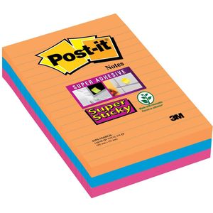 Post-it Super Sticky Notes XXL Boost, 90 vel, ft 101 X 152 mm, gelijnd, geassorteerde kleuren, pak van 3