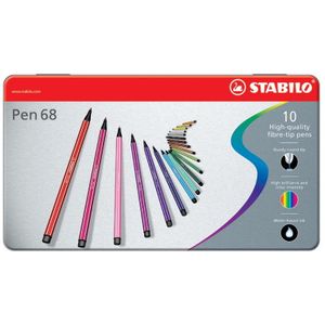 STABILO Pen 68 viltstift, metalen doos van 10 stiften in geassorteerde kleuren