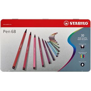 STABILO Pen 68 viltstift, metalen doos van 30 stiften in geassorteerde kleuren