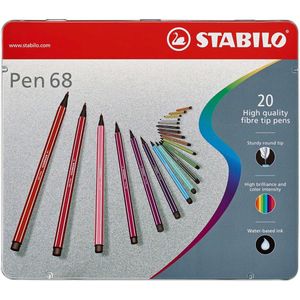 STABILO Pen 68 viltstift, metalen doos van 20 stiften in geassorteerde kleuren