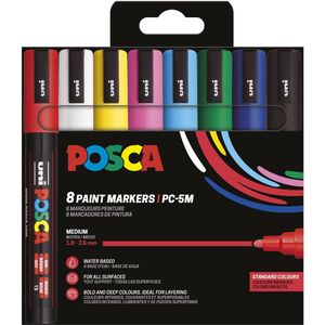 Uni POSCA paintmarker PC-5M, 1,8 - 2,5 mm, etui van 8 stuks in basiskleuren