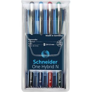Schneider Roller One Hybrid N, 0,3 mm lijndikte, etui van 4 stuks in geassorteerde kleuren