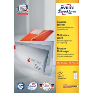 Avery Zweckform 3653, Universele etiketten, Ultragrip, wit, 100 vel, 14 per vel, 105 x 42,3 mm