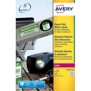 Avery L4778-20 ultra-sterke etiketten ft 45,7 x 21,2 mm (b x h), 960 etiketten, wit