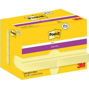 Post-It Super Sticky Notes, 90 vel, ft 47,6 x 47,6 mm, geel, 8  4 GRATIS