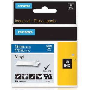 Dymo RHINO vinyltape 12 mm, wit op blauw