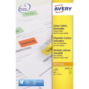 Avery afneembare gekleurde etiketten ft 63,5 x 33,9 mm (b x h), 480 stuks, 24 per blad, geel
