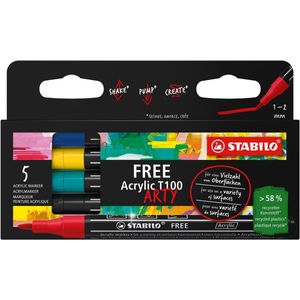 STABILO free acrylmarker T100 Royal, ronde punt, 1-2 mm,  geassorteerde kleuren, pak van 5 stuks