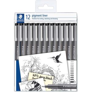 Staedtler pigment liner fineliner, verschillende schrijfbreedtes, set van 12 stuks, zwart