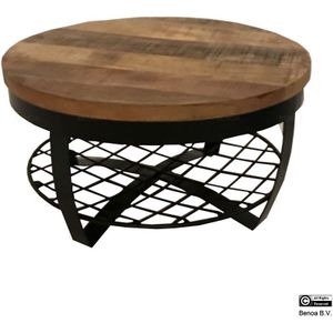 Benoa Desert Iron Round Coffee Table Wooden top & Iron Shelf at base 65 cm Iron Stand Black Finish & Wood Natural Finish