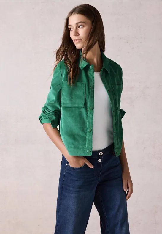 Cecil - Kort Corduroy Jack - Groen - Lichtgewicht - Overhemdkraag, Lange Mouwen, Steekzakken