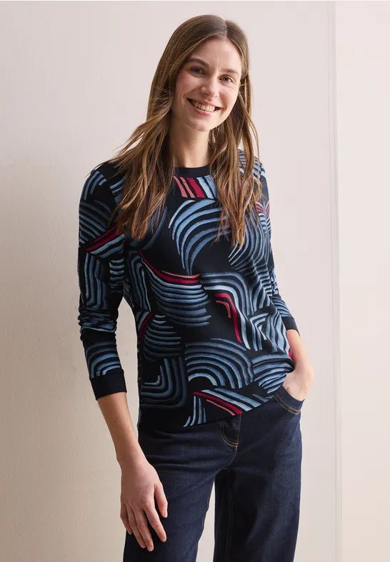 Cecil - B322770 - T-shirt - Universeel Blauw - Grafisch - Lange Mouwen