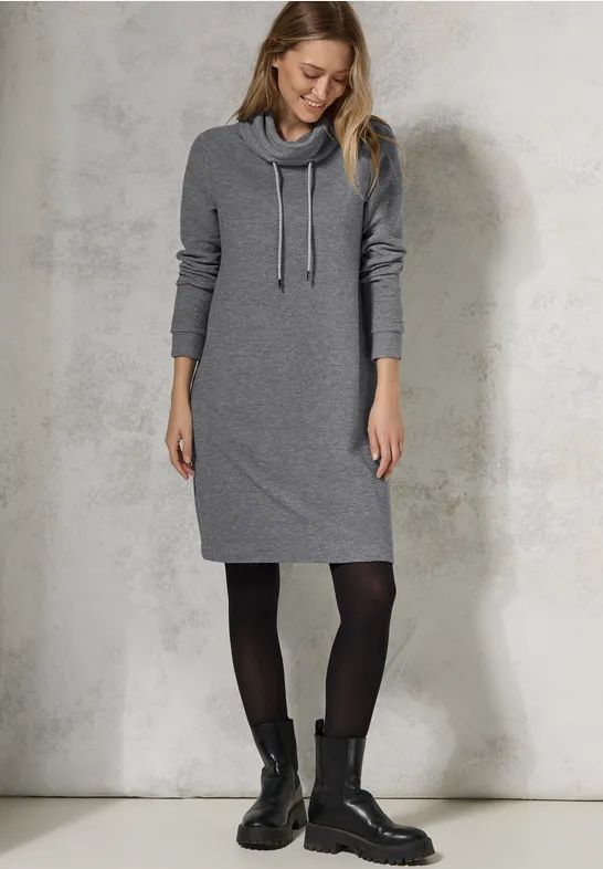 Cecil - Glinsterende Ottoman - Jurk - Grijs - Sjaalkraag met Tunnelkoord