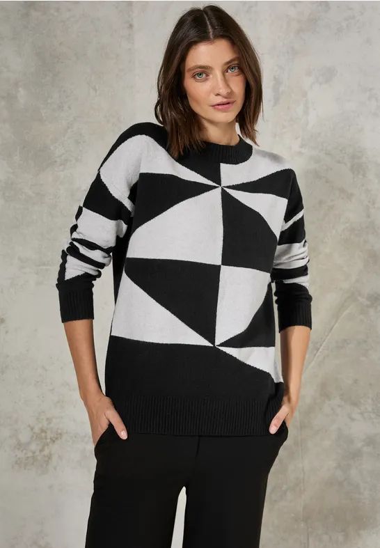 Cecil - Gebreide Damestrui - Zwart - Geometrisch Patroon