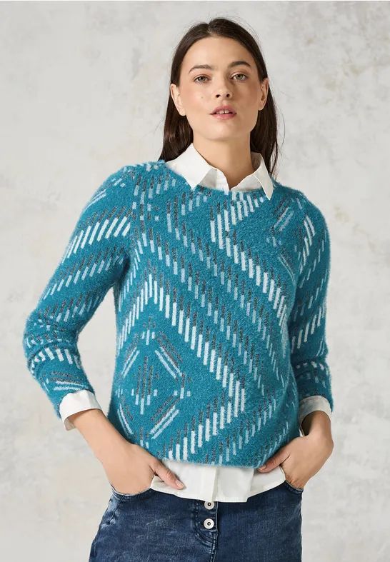 Cecil - Dames Shirt - Blauw - Verengaren - Bateauhals - Grafisch Patroon