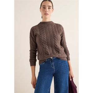 Cecil - Gebreide Trui - Mushroom Taupe Melange - Met Turtle Neck en Kabelpatroon