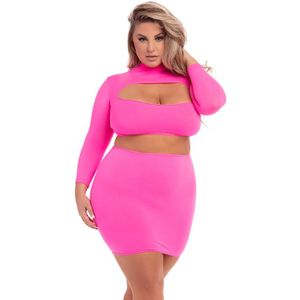 Pink Lipstick - 2-delige roze set met top en rokje - Plussize