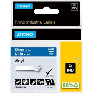 Labeltape Dymo Rhino industrieel vinyl 12mm wit op blauw