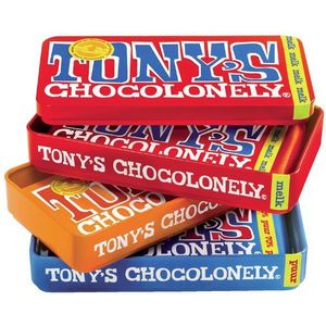 Chocolade Tony's Chocolonely puur-melk en karamel zeezout blik 540gr