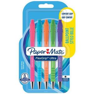 Balpen Paper Mate Flexgrip drukknop Bright fun medium schrijfkleur zwart blister à 5 stuks