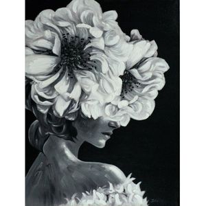 Schilderij "Lady with flower in black and white" - Acryclic Painting