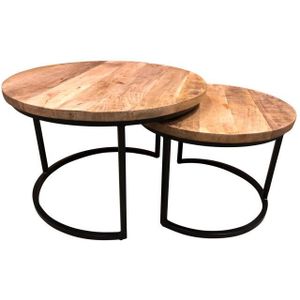 Salontafel Industrieel Lenny Set van 2 mangohout - 52x41 & 41x33 cm - bijzettafel set - mangohout & metaal