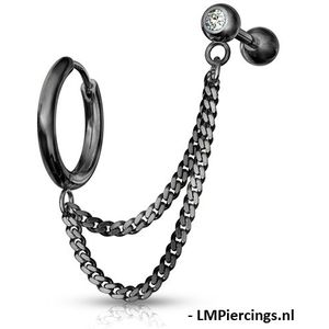 Piercing dubbele ketting met oorbel ring zwart