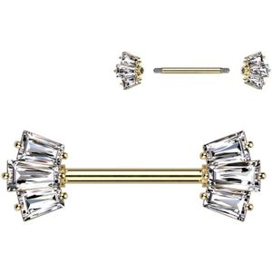 Tepelpiercing met 5 Baguette set crown ends gold plated