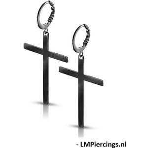 Oorbellen hoop ring met cross hanger zwart