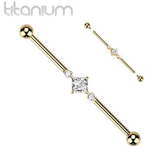 Industrial piercing vierkant met ronde steentjes gold plated