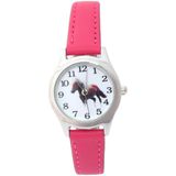 Kinderhorloge met paard donker roze + doosje