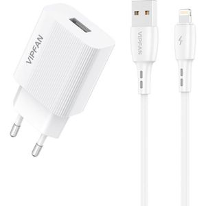 Vipfan E01 Network Charger with 1x USB, 2.4A, and White Lightning Cable
