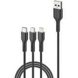 Foneng X36 3-in-1 USB to USB Type-C, Apple Lightning, and Micro USB Cable, 2.4A Charging Speed, 2 Meter Length, Black Color