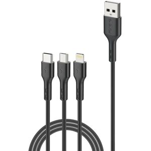 Foneng X36 3-in-1 USB to USB Type-C, Apple Lightning, and Micro USB Cable, 2.4A Charging Speed, 2 Meter Length, Black Color