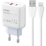 LDNIO A2421C Wall Charger with USB, USB-C 22.5W and Lightning Cable.