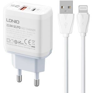 LDNIO A2421C Wall Charger with USB, USB-C 22.5W and Lightning Cable.