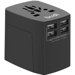 Budi 4x USB Universal Wall Charger / AC Adapter, 5A, EU/UK/AUS/US/JP (Black)