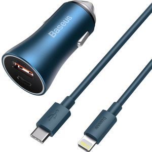 Baseus Blue Pro Car Charger with USB, USB-C, QC4.0+, PD, SCP, 40W and USB-C to Lightning Cable 1m (Blue).