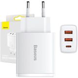 Baseus Compact Quick Charger Wall Adapter, 2xUSB, USB-C, PD, 3A, 30W (White)