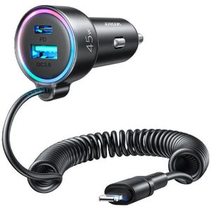 Joyroom JR-CL08 3-in-1 Car Charger with 1x USB and 1x PD Outputs, 55W and a Black Lightning Cable