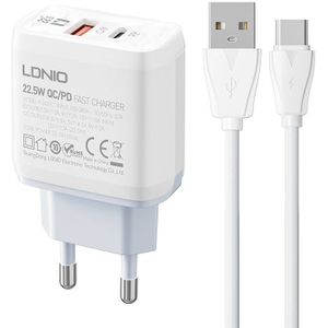 LDNIO A2421C Wall Charger with USB, USB-C 22.5W and USB-C Cable.