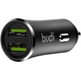 Budi 2-Port USB Car Charger with 3-in-1 USB-C/Lightning/Micro USB Cable (Black), 2.4A Output