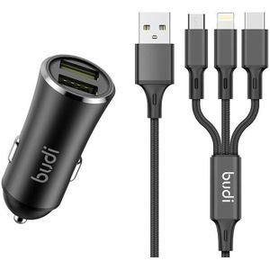 Budi 2-Port USB Car Charger with 3-in-1 USB-C/Lightning/Micro USB Cable (Black), 2.4A Output