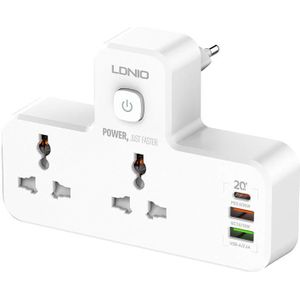LDNIO SC2311 White 2-Outlet Power Strip with 2 USB Ports, USB-C Port, 2500W Capacity, and Night Light Function for EU/US
