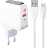 LDNIO A2522C 30W Wall Charger with USB and USB-C Connectors plus Lightning Cable