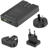 Universal Wall Charger with USB and USB-C, 65W Power Delivery and European/British/American/Australian Adapters (Black), by Budi