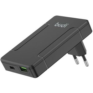 Universal Wall Charger with USB and USB-C, 65W Power Delivery and European/British/American/Australian Adapters (Black), by Budi